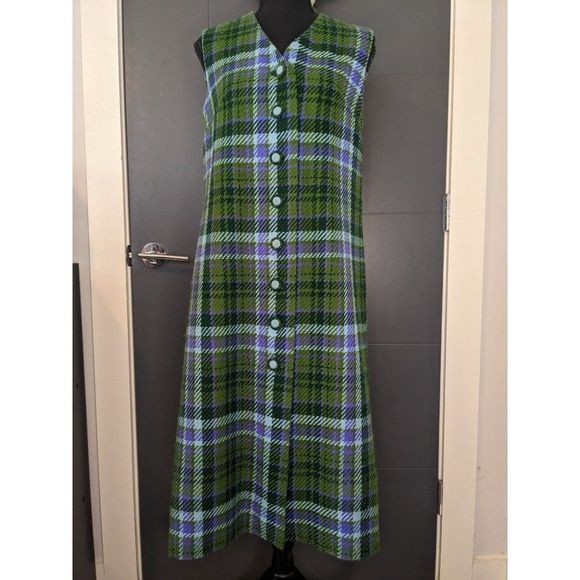 Handmade Dresses & Skirts - Handmade Green and Purple Plaid Sleeveless Long Vest Duster Dress